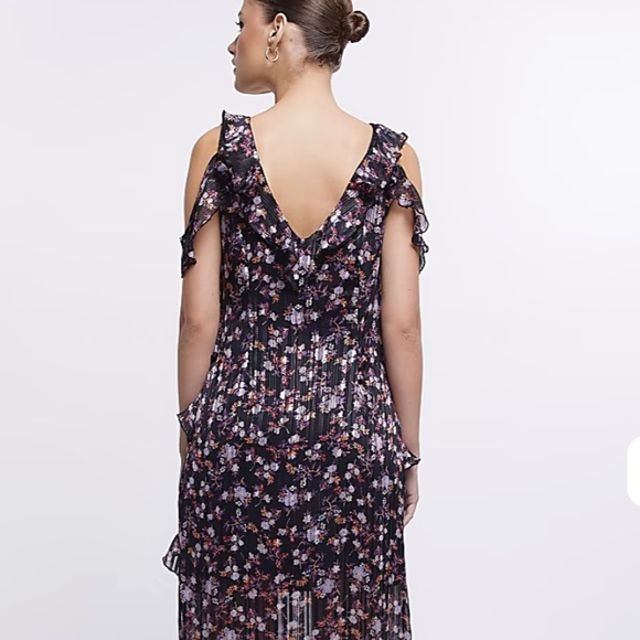 RIVER ISLAND *NWT* Black Floral Frill Slip MIDI DRESS UK 16/US 12 - Picture 4 of 10